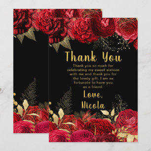 Cartão De Agradecimento Elegantes Flores Vermelhas e Douradas Sweet Sixtee