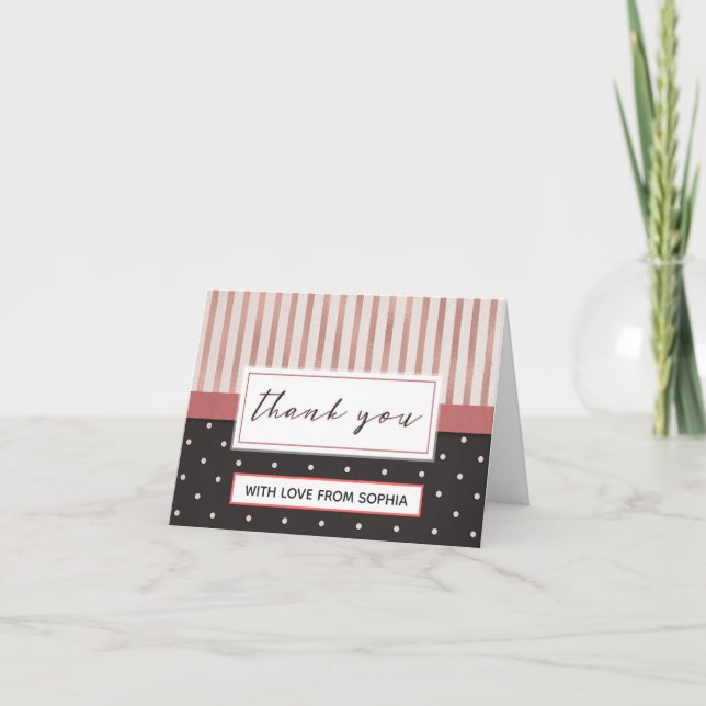 Cartão De Agradecimento Elegantes Listras Rosa e Preto Bolinhas Obrigada (Frente)