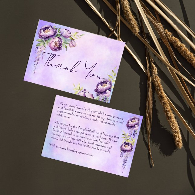 Cartão De Agradecimento Elegantes peônias roxas lilás wisteria obrigado (Elegant purple peonies lilac wisteria thank you card bridal shower thank you wedding thank you card)