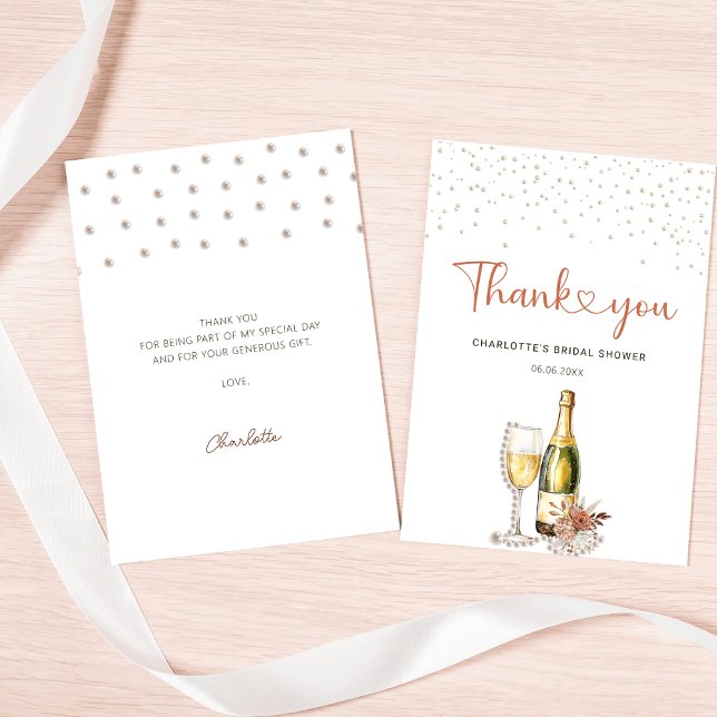 Cartão De Agradecimento Elegantes Pérolas e Chá de Noiva Prosecco (Elegant Pearls and Prosecco Bridal Shower Thank You Card
)
