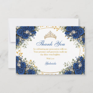Cartão De Agradecimento Elegantes Rosas Azul Real Douradas Quinceañera