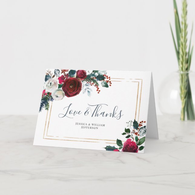 Cartão De Agradecimento Elegantes Rosas de Inverno Burgundy com Verdura (Frente)