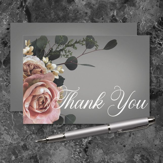 Cartão De Agradecimento Elegantes Rosas Florais Brancas Rosa Cinza Casamen (Elegant Pink White Floral Roses Gray Wedding Thank You Card)