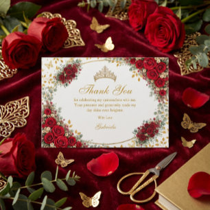 Cartão De Agradecimento Elegantes Rosas Vermelhas Borboletas Douradas Quin