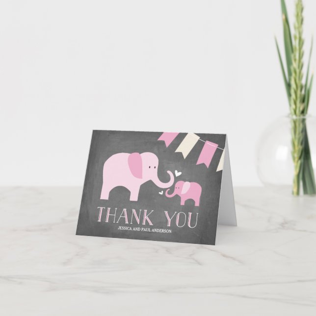 Cartão De Agradecimento Elephant Baby | Thank You Card | Pink (Frente)