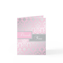 Cartão de agradecimento em damasco rosa e cinza