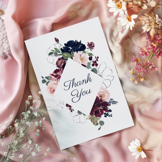 Cartão De Agradecimento Embrace Floral Wedding | Marinho Borgonha Azul (Criador carregado)