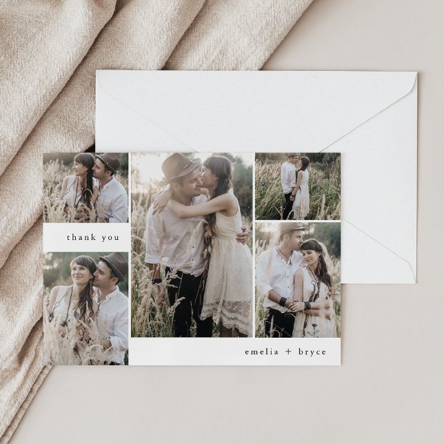 Cartão De Agradecimento EMELIA Simples Moderno Boho Múltiplo Foto Casament (EMELIA Flat Simple Modern Boho Multi Photo Wedding Thank You Card)