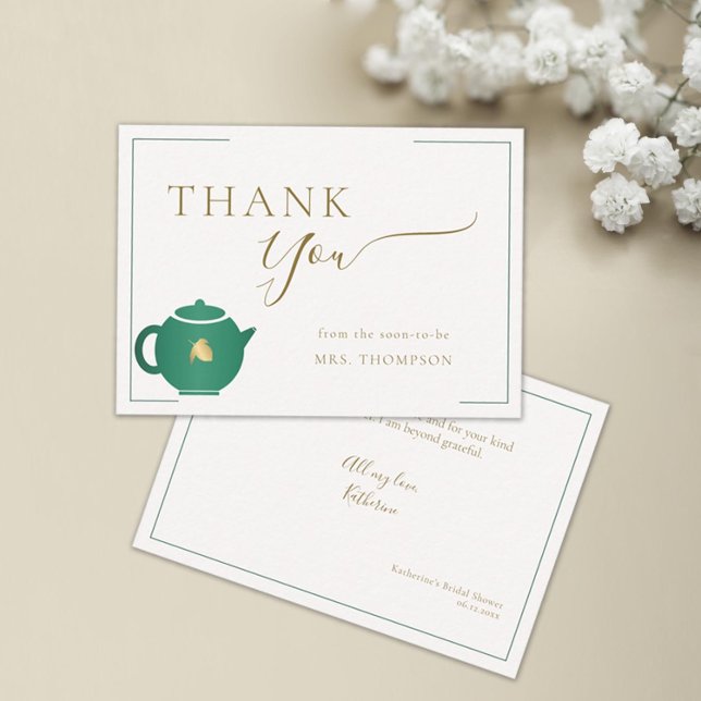 Cartão De Agradecimento Emerald Dourado Tea Elegant Chá de panela Obrigado (tea with bride thank you card bridal shower emerald green gold elegant modern classic minimalist)