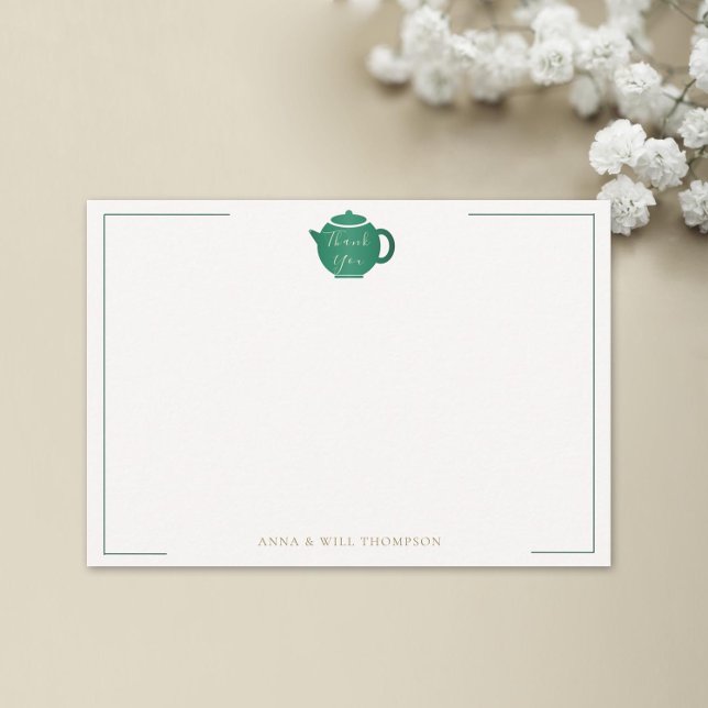 Cartão De Agradecimento Emerald Dourado Tea Pote Elegante Bridal (tea with bride bridal shower thank you emerald green gold elegant modern classic hand-written)
