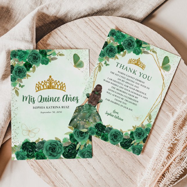 Cartão De Agradecimento Emerald Green Dourada Princesa Floral Quinceañera (Criador carregado)