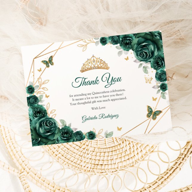 Cartão De Agradecimento Emerald Green Dourado Floral Quinceanera (Criador carregado)