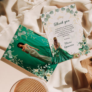 Cartão De Agradecimento Emerald Green Dourado Foto Floral Quinceanera