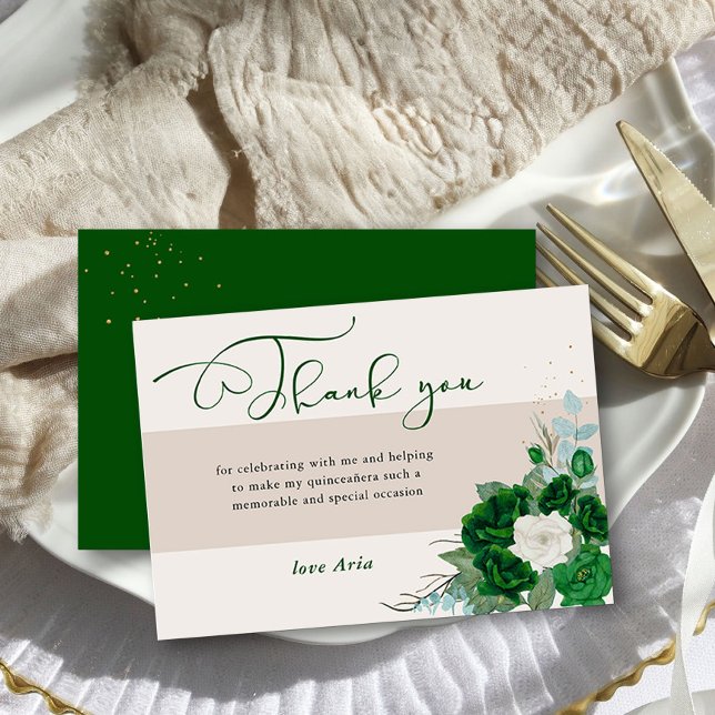 Cartão De Agradecimento Emerald Green e Rosas marfim Caligrafia elegante (Thank you cards from the Royal Rose Emerald Green Quinceanera Collection by Darling & May)