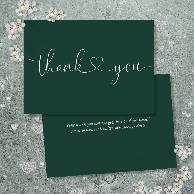 Cartão De Agradecimento Emerald Green Elegant Minimalist Script Heart (Emerald Green Elegant Minimalist Script Heart Thank You Card)