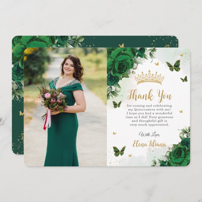 Cartão De Agradecimento Emerald Green Floral Quinceañera Sweet 16 Foto (Frente/Verso)