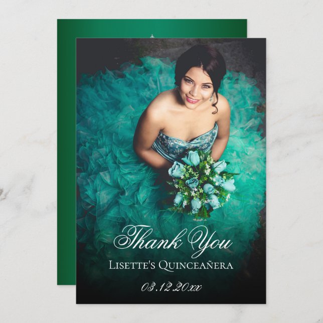 Cartão De Agradecimento Emerald Green Quinceanera Adicionar Foto Personali (Frente/Verso)