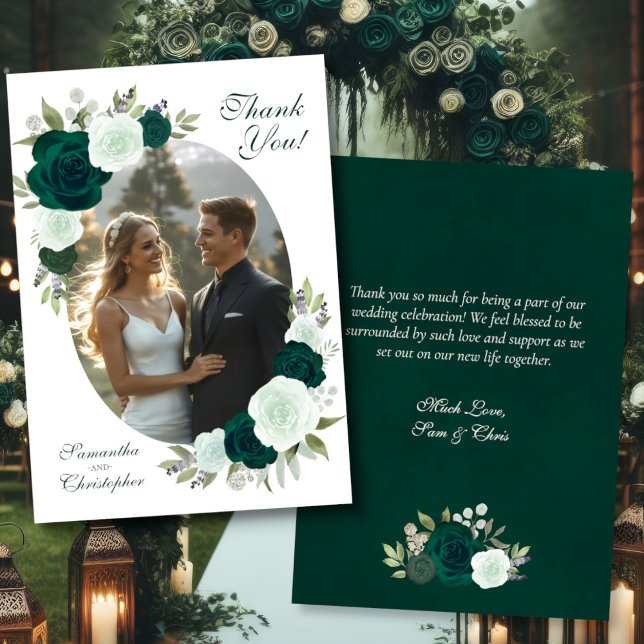 Cartão De Agradecimento Emerald Green Roses Oval Photo Elegant Wedding (Front/Back)
