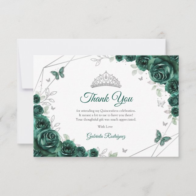 Cartão De Agradecimento Emerald Green Silver Floral Quinceanera (Frente)