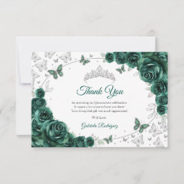 Cartão De Agradecimento Emerald Green Silver Floral Quinceanera