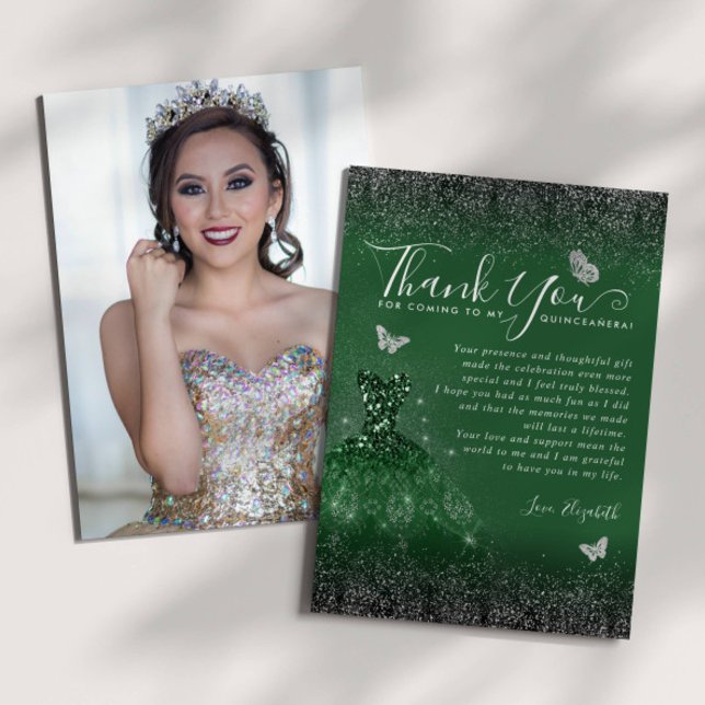 Cartão De Agradecimento Emerald Green Silver Glitter Quinceanera Foto (Criador carregado)