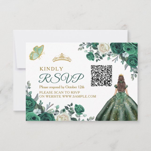 Cartão De Agradecimento Emerald Green Vresses Quinceañera QR RSVP Card (Frente)