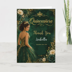 Cartão De Agradecimento Emeralda e Dourado Quinceañera