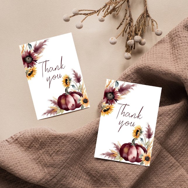 Cartão De Agradecimento Enamorarse boho abóbora girassol chá de noiva (Fall in love boho bridal shower thank you cards burgundy pumpkin sunflowers pampas grass thank you)