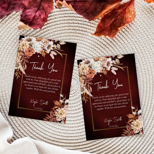 Cartão De Agradecimento Enamorarse boho rosas marrons secas chá de noiva (Boho dry flowers autumn fall in love bridal shower thank you cards burgundy brown background floral)
