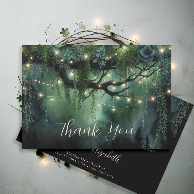 Cartão De Agradecimento Enchanted Forest Emerald Floral Fairy Sweet 16 (enchanted forest sweet 16 thank you card roses foliage woodland magical fairy tale)