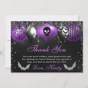Cartão De Agradecimento Enfeites Preto e Roxo de Halloween Sweet Sixteen