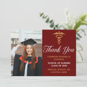 Cartão De Agradecimento Enfermeira de Fotografia Dourada Maroon ou Doutor