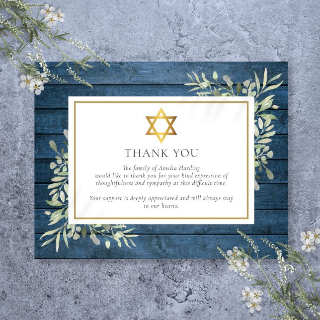 Cartão De Agradecimento Enterro Rústico Azul com Folhagem Judaica Estrela  (Blue Rustic Greenery Jewish Star Of David Funeral Thank You Card)