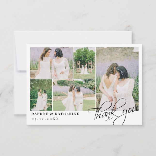 Cartão De Agradecimento Escrita de Colagem de Fotos de Casamento Branco Pe (Frente)