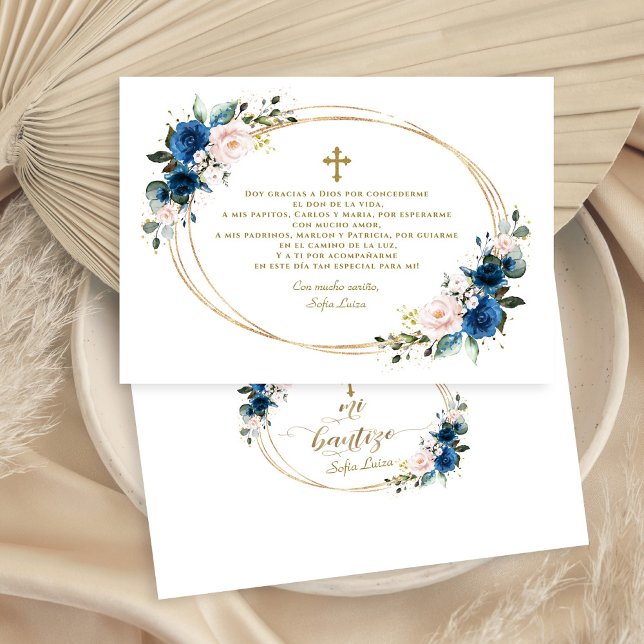 Cartão De Agradecimento Espanhol Azul Floral Gracias Con Oración Bautizo (boy baptism thank you, mi bautizo blue floral thank you, trendy blue floral baptism thank you)