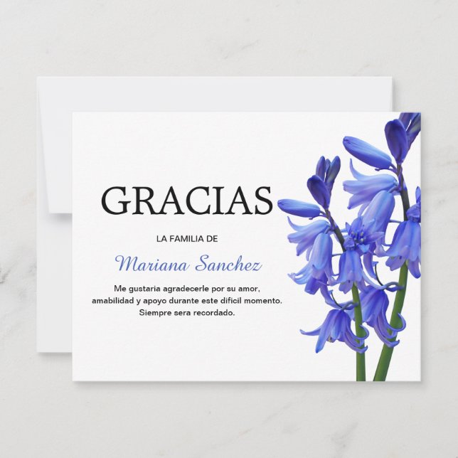 Cartão De Agradecimento Espanhol Bluebells Gracias | Simpatia Obrigado (Frente)