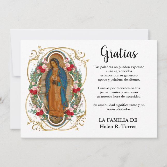 Cartão De Agradecimento Espanhola Mary Guadalupe Obrigado Condolência (Frente)