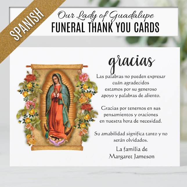 Cartão De Agradecimento Espanhola Mary Guadalupe Obrigado Condolência (Funeral Thank You cards with  Spanish Catholic image of Our Lady of Guadalupe with roses)