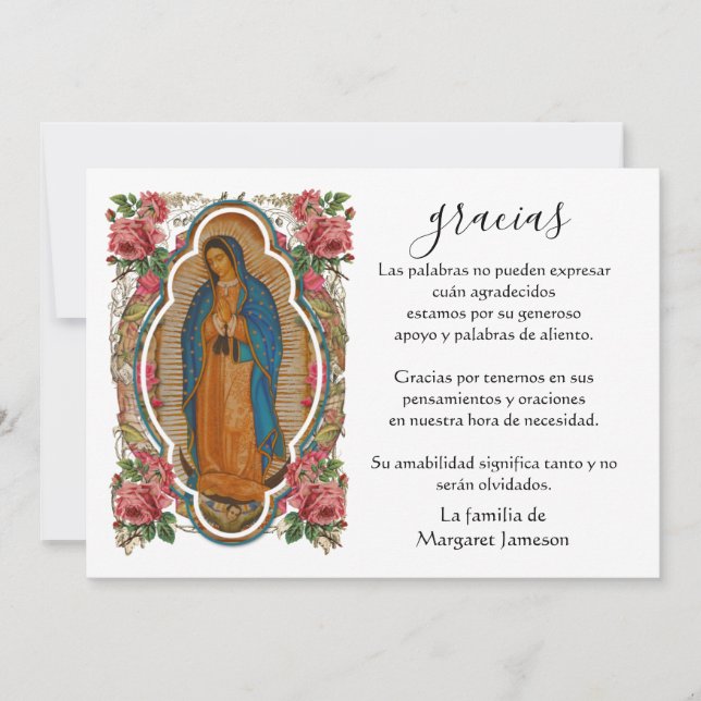 Cartão De Agradecimento Espanhola Mary Guadalupe Obrigado Condolências (Frente)