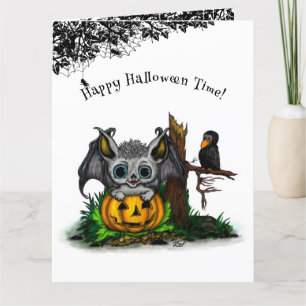 Cartão De Agradecimento Esperando o Halloween, Cute Bat e Raven