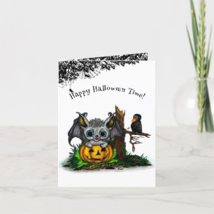 Cartão De Agradecimento Esperando o Halloween, Cute Bat e Raven