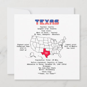 Cartão De Agradecimento Estado do Texas americano em um mapa e informações