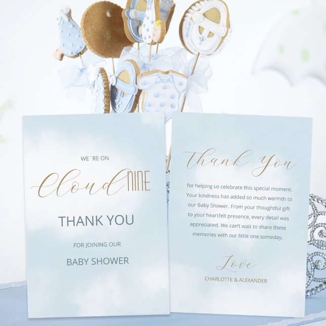Cartão De Agradecimento Estamos no Chá de fraldas Azul de Script Elegante  (We´re on Cloud 9 Elegant Script Blue Baby Shower Thank You Card ©Susanne Sachers - Sunny Mind 🌞)