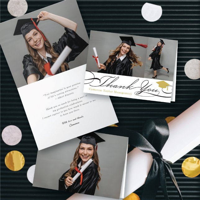 Cartão De Agradecimento Estilo Chic Script Gorro de Graduação 2 Foto Grad (Stylish Chic Script Graduation Cap 2 Photo Grad Thank You Folded Card @ zazzle.com/color_therapy)