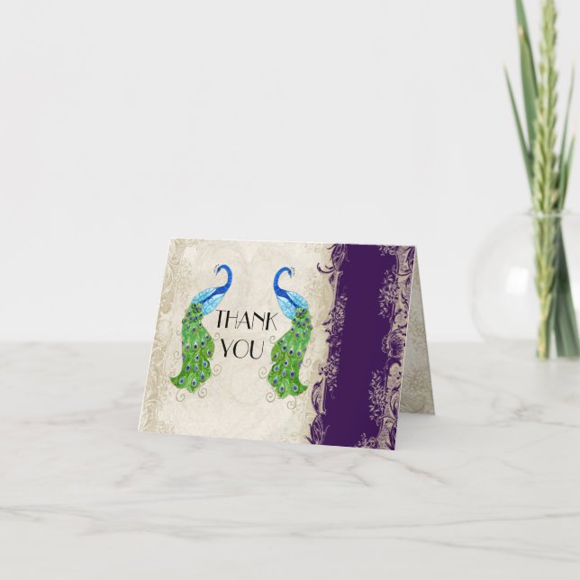 Cartão De Agradecimento Estilo de Art Deco Pavão Escuro Roxo Muito Obrigad (Frente)