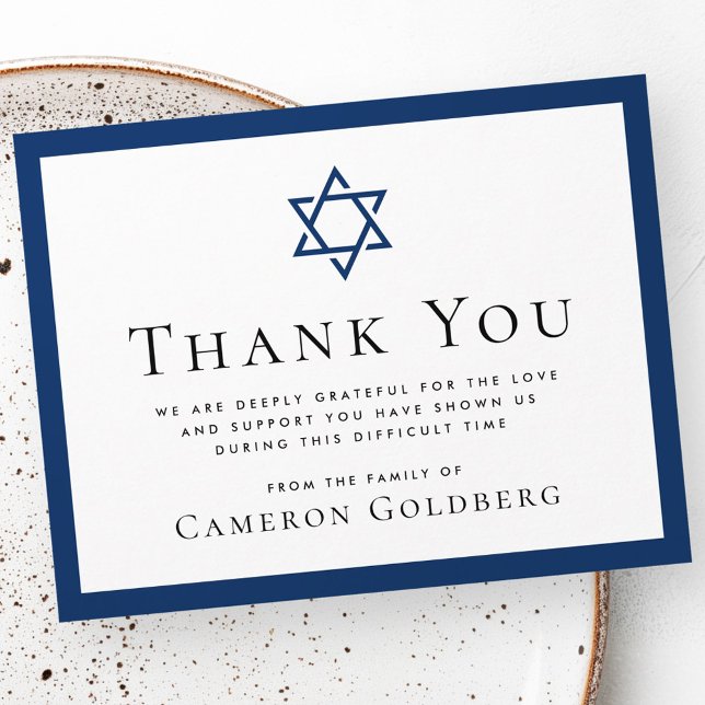 Cartão De Agradecimento Estrela de David Blue Border funeral simpatia (Star of David dark blue border funeral sympathy Thank You Card)