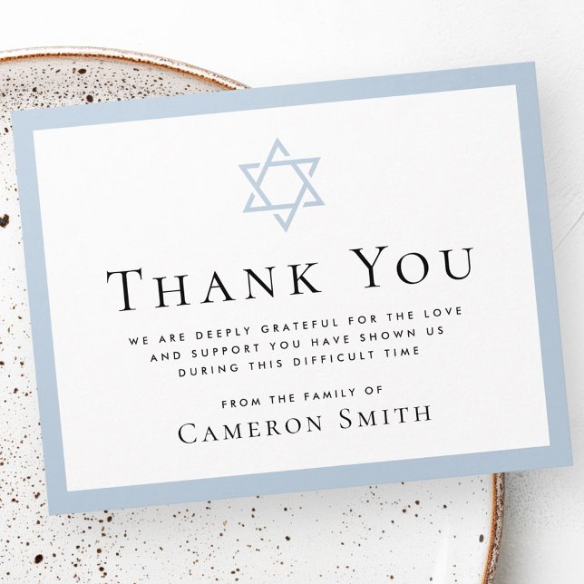 Cartão De Agradecimento Estrela de David Dusty Blue Border funeral sympath (Star of David dusty blue border funeral sympathy Thank You Card)