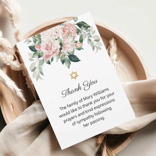 Cartão De Agradecimento Estrela do Funeral Floral Rosa Judaico de David (Criador carregado)