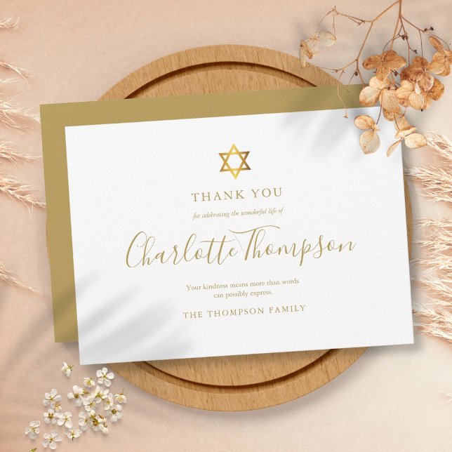 Cartão De Agradecimento Estrela Dourada Memorial de David Jewish Simple (Memorial Funeral Gold Star of David Jewish Simple Thank You Card)