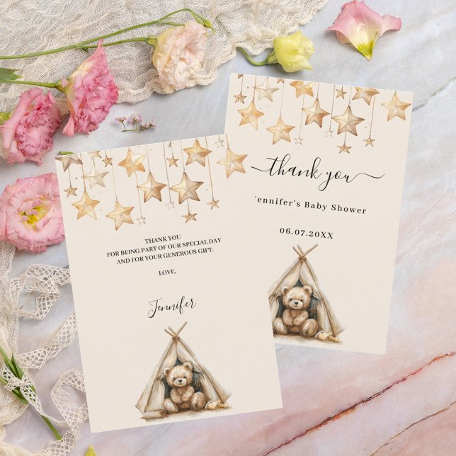 Cartão De Agradecimento Estrelas de ursos chás de fraldas beige (Criador carregado)